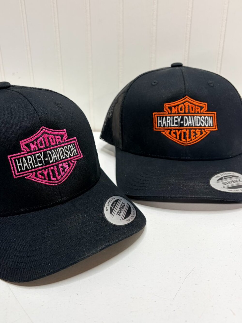 Harley Davidson Hat Embroidered YP Trucker Snapback Mesh Orange or Pink Thread